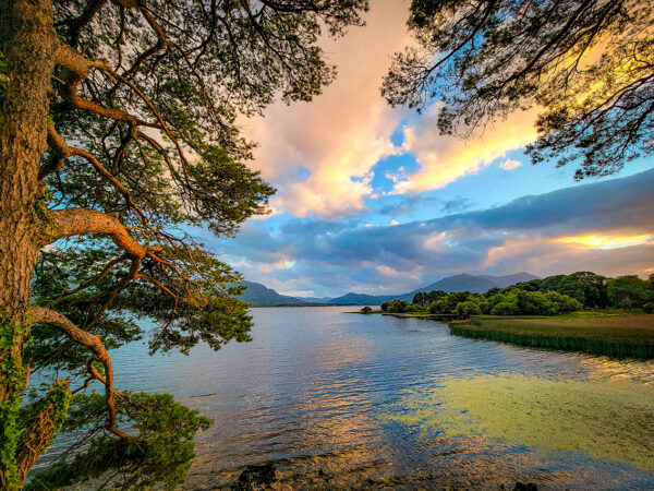 Along the banks of Lough Leane in Killarney National Park, breathtaking sunset colors saturate the sky and rippling lake.