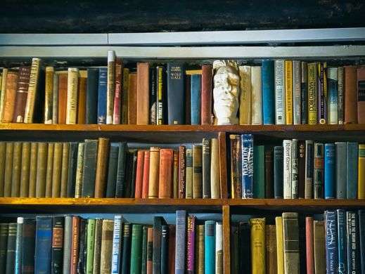 Colorful books arranged on three wooden shelves